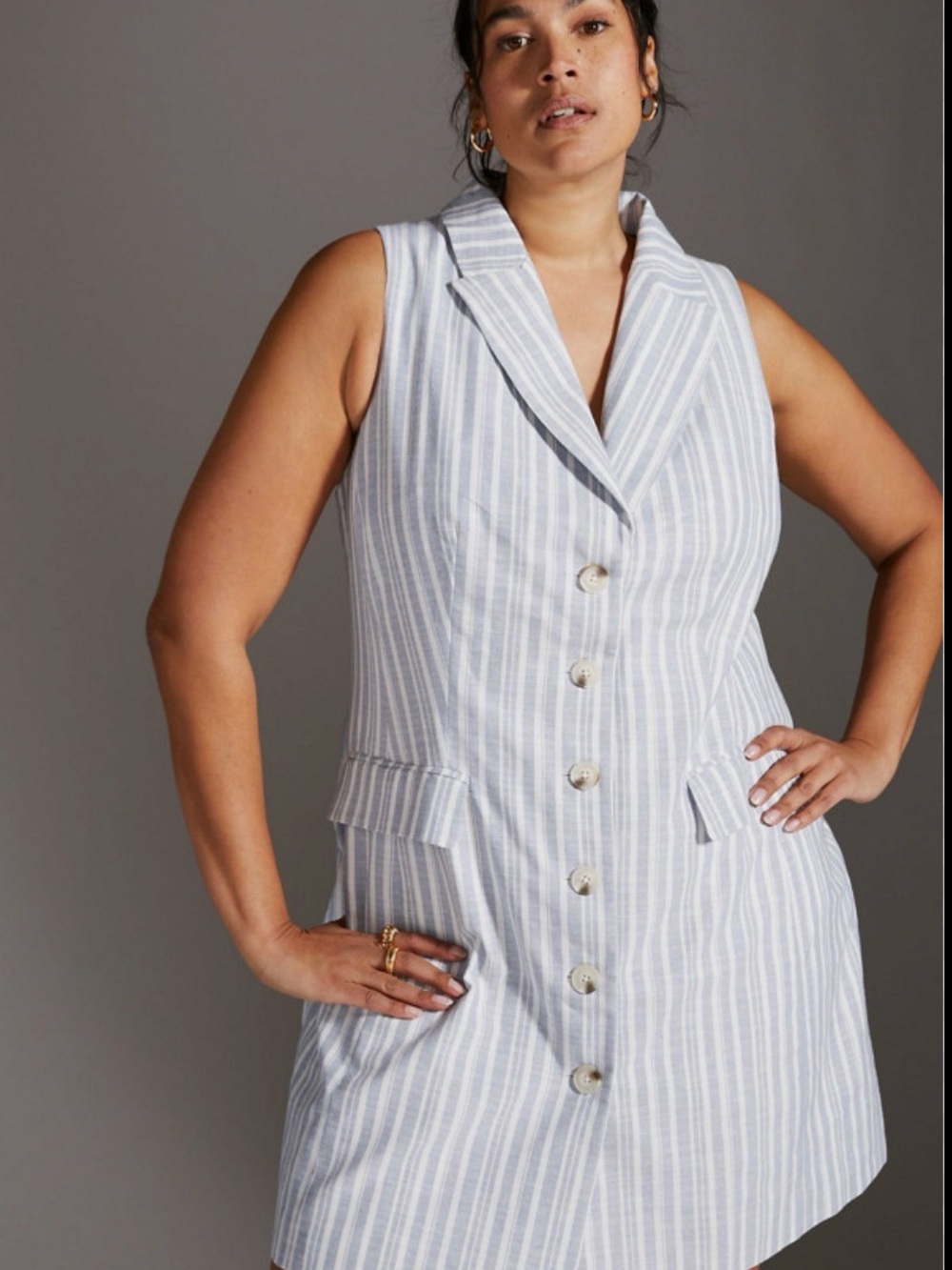 Current Air Striped Button Front Shirt Dress Sleeveless Blue White XL